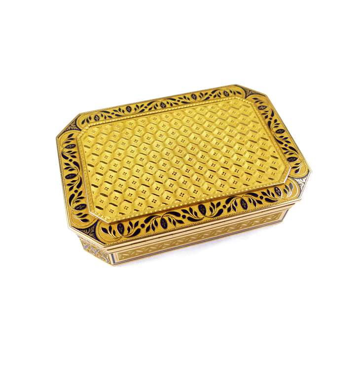 Cut-corner rectangular gold and blue enamel box